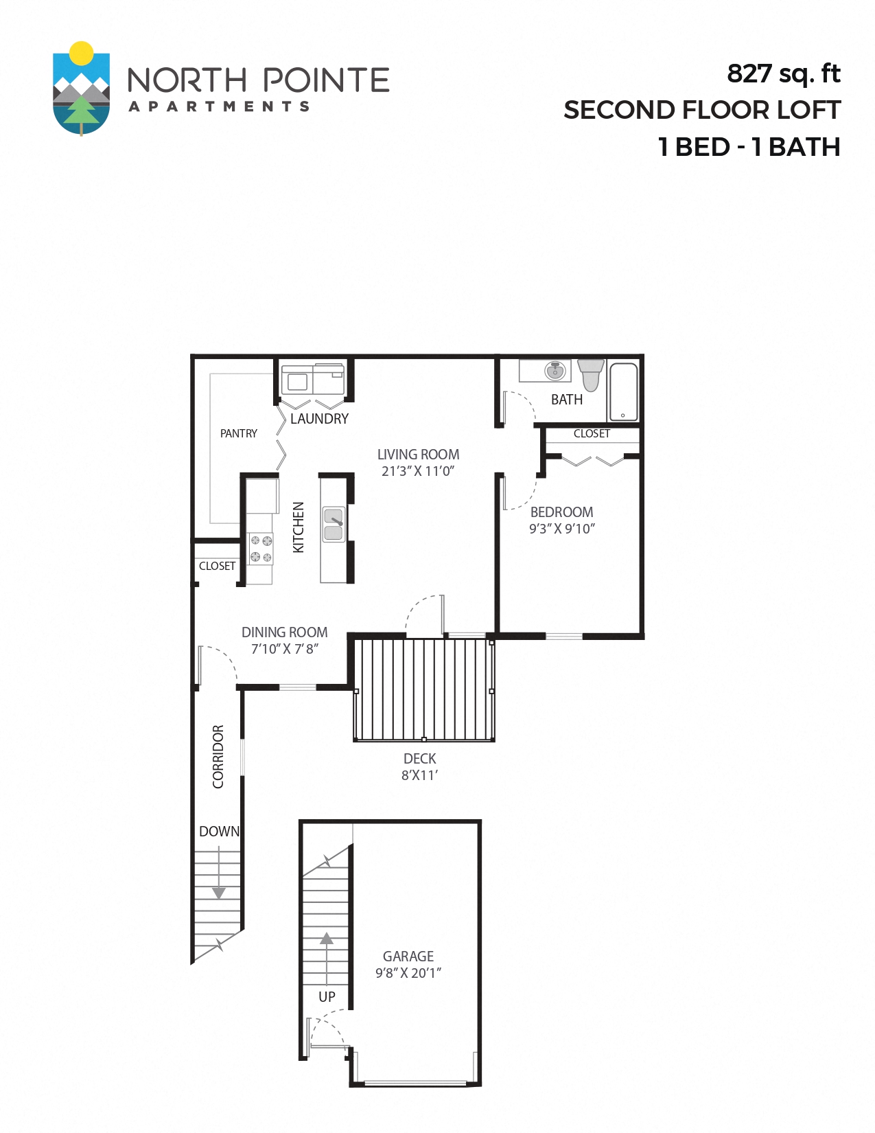 Floor plan for 1 bed, 1 bath, 827 sqft